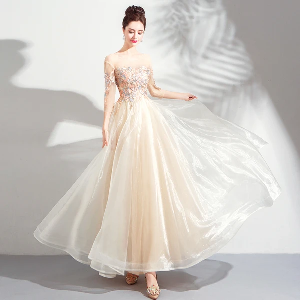 Elegant Champagne Prom Dresses 2019 A-Line / Princess Scoop Neck Embroidered 3/4 Sleeve Backless Floor-Length / Long Formal Dresses