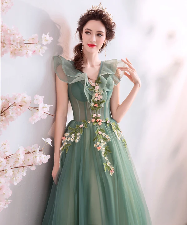 Elegant Sage Green Prom Dresses 2019 A-Line / Princess Ruffle V-Neck Lace Flower Appliques Sleeveless Backless Floor-Length / Long Formal Dresses