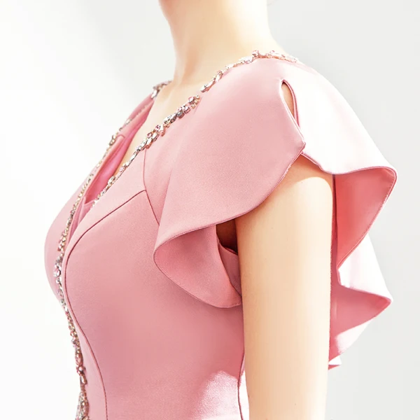 Chic / Beautiful Blushing Pink Evening Dresses 2019 Trumpet / Mermaid V-Neck Crystal Rhinestone Short Sleeve Backless Floor-Length / Long Formal Dresses