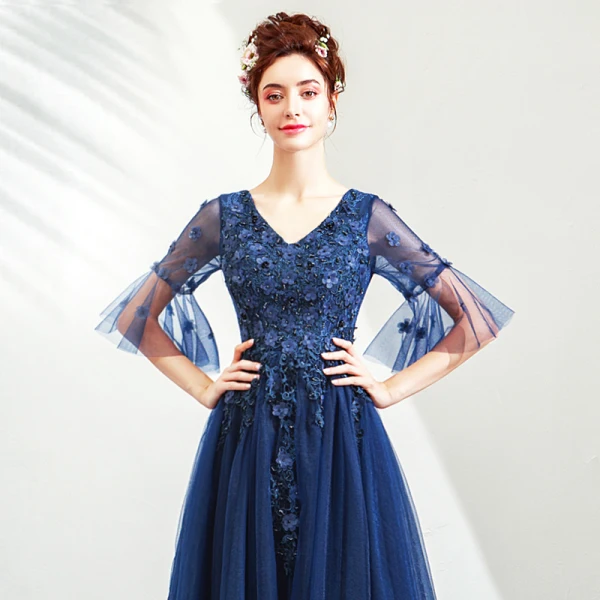 Elegant Navy Blue Prom Dresses 2019 A-Line / Princess V-Neck Beading Crystal Lace Flower Appliques 1/2 Sleeves Backless Floor-Length / Long Formal Dresses