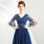 Elegant Navy Blue Prom Dresses 2019 A-Line / Princess V-Neck Beading Crystal Lace Flower Appliques 1/2 Sleeves Backless Floor-Length / Long Formal Dresses