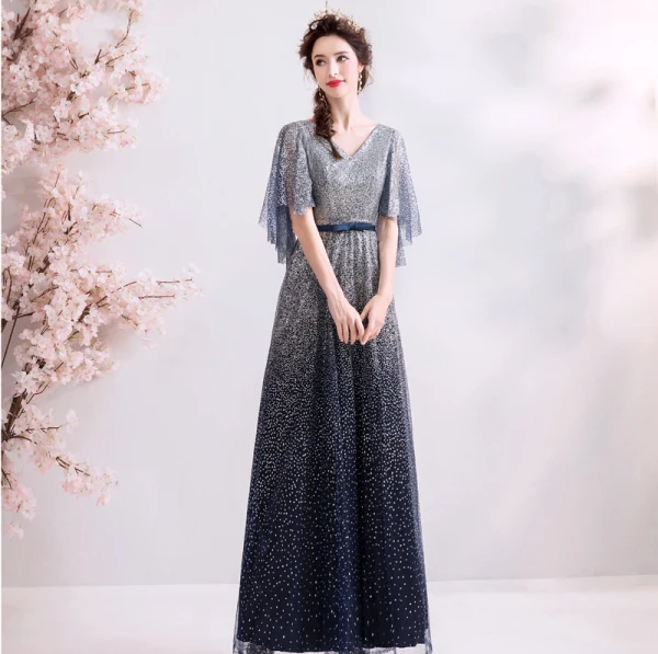 Scintillantes Bleu Marine Dégradé De Couleur Robe De Soirée 2019 Princesse V-Cou Paillettes Noeud 1/2 Manches Dos Nu Longue Robe De Ceremonie