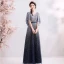 Scintillantes Bleu Marine Dégradé De Couleur Robe De Soirée 2019 Princesse V-Cou Paillettes Noeud 1/2 Manches Dos Nu Longue Robe De Ceremonie