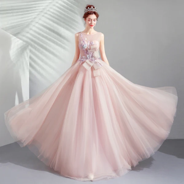 Élégant Perle Rose Robe De Soirée 2019 Princesse Encolure Dégagée Appliques En Dentelle Fleur Noeud Perlage Perle Faux Diamant Sans Manches Dos Nu Longue Robe De Ceremonie