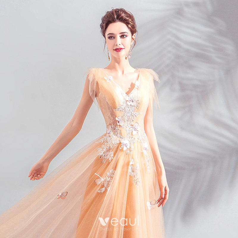blue dress for baby girl V-neck Tulle Appliques Beaded Long A-line Evening Prom Dresses, MR8136 main image 1