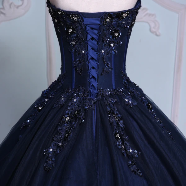 Elegant Mørk Marineblå Ballkjoler 2019 Prinsesse Kjæreste Beading Paljetter Rhinestone Blonder Blomst Uten Ermer Ryggløse Chapel Train Formelle Kjoler