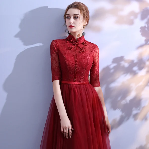 Chinese style Burgundy Evening Dresses  2019 A-Line / Princess High Neck Lace Beading Crystal Bow Sash 1/2 Sleeves Floor-Length / Long Formal Dresses
