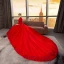 Chinese style Muslim Red Wedding Dresses 2019 A-Line / Princess High Neck Beading Appliques Lace Flower Long Sleeve Royal Train