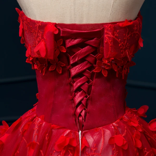 Chinese style Red Wedding Dresses 2019 A-Line / Princess Strapless Appliques Lace Flower Beading Pearl Sleeveless Backless Floor-Length / Long