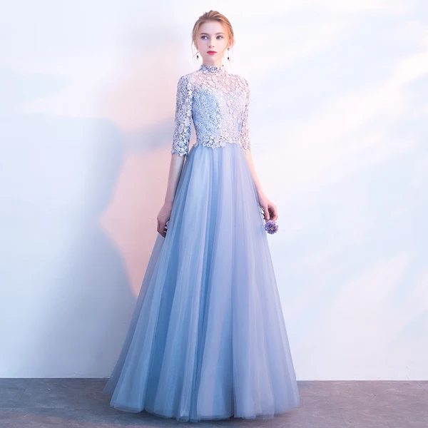 Chic / Beautiful Sky Blue Prom Dresses 2018 A-Line / Princess Lace Flower High Neck 1/2 Sleeves Floor-Length / Long Formal Dresses