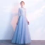 Chic / Beautiful Sky Blue Prom Dresses 2018 A-Line / Princess Lace Flower High Neck 1/2 Sleeves Floor-Length / Long Formal Dresses