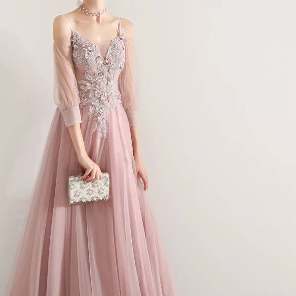 Elegant Blushing Pink Prom Dresses 2019 A-Line / Princess Spaghetti Straps Appliques Lace Flower Beading 3/4 Sleeve Backless Floor-Length / Long Formal Dresses