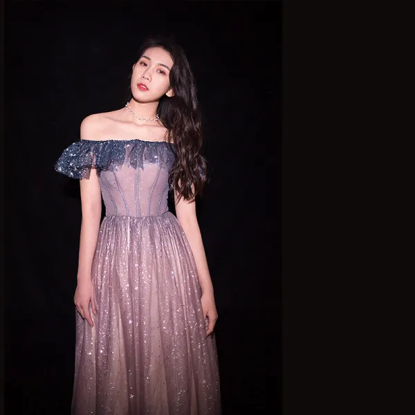 Scintillantes Dégradé De Couleur Rougissant Rose Robe De Soirée 2019 Princesse De l'épaule Glitter Paillettes Manches Courtes Dos Nu Longue Robe De Ceremonie