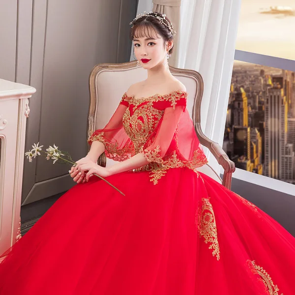 Chinese style Red Wedding Dresses 2019 Ball Gown Off-The-Shoulder Gold Lace Flower 1/2 Sleeves Backless Cathedral Train