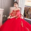 Chinese style Red Wedding Dresses 2019 Ball Gown Off-The-Shoulder Gold Lace Flower 1/2 Sleeves Backless Cathedral Train