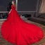 Chic / Belle Rouge Robe De Mariée 2019 Princesse Encolure Dégagée Perlage Cristal En Dentelle Fleur 1/2 Manches Royal Train