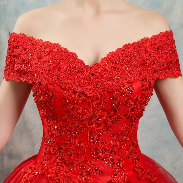 Elegant Red Wedding Dresses 2019 Ball Gown Off-The-Shoulder Beading Crystal Flower Lace Short Sleeve Backless Floor-Length / Long