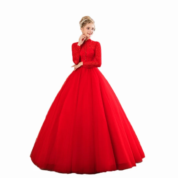 Chinese style Muslim Red Wedding Dresses 2019 Ball Gown High Neck Buttons Bow Lace Flower Sequins 3/4 Sleeve Floor-Length / Long