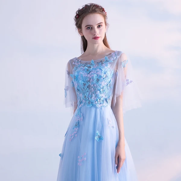 Chic / Beautiful Sky Blue Evening Dresses 2018 A-Line / Princess Lace Butterfly Scoop Neck Backless Short Sleeve Floor-Length / Long Formal Dresses