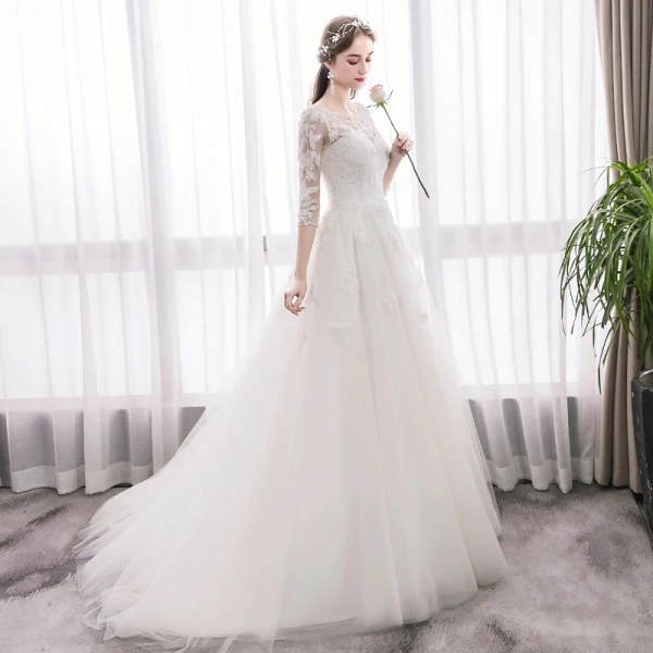 Elegant Ivory Wedding Dresses 2019 A-Line / Princess Scoop Neck Sequins Lace Flower 1/2 Sleeves Backless Sweep Train
