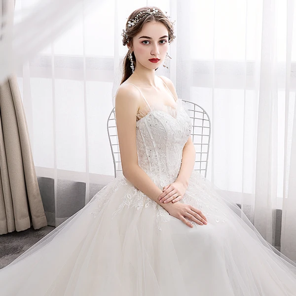 Elegant Ivory Wedding Dresses 2019 A-Line / Princess Spaghetti Straps Sequins Lace Flower Sleeveless Backless Court Train