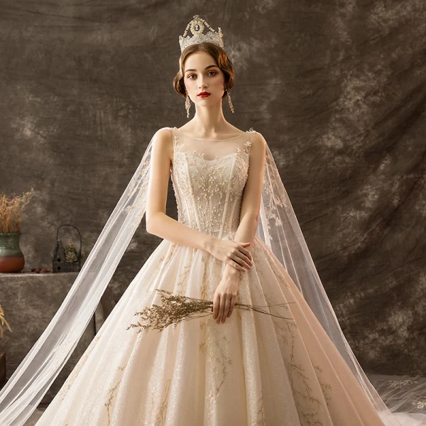 Luxury / Gorgeous Champagne Wedding Dresses 2019 A-Line / Princess Scoop Neck Beading Crystal Lace Flower Sequins Sleeveless Backless Watteau Train Royal Train