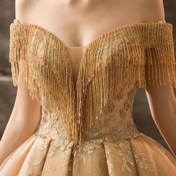 Luxury / Gorgeous Gold Wedding Dresses 2019 Ball Gown Off-The-Shoulder  Beading Tassel Lace Flower Sequins