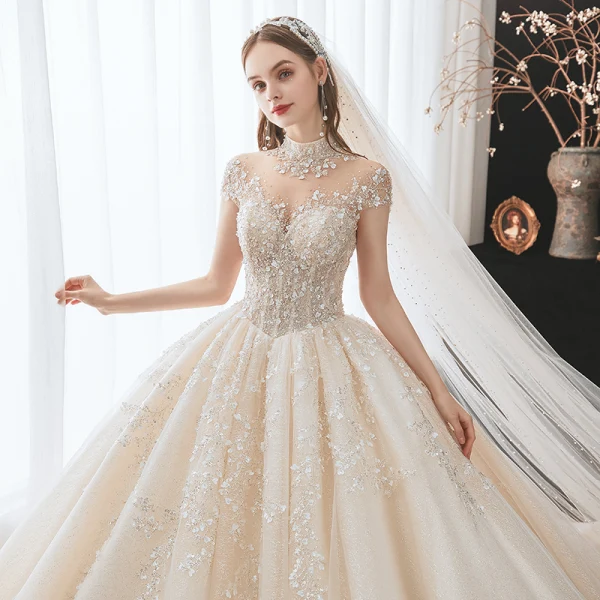 Luxury / Gorgeous Charming Champagne Wedding Dresses 2021 Ball Gown High Neck Beading Appliques Rhinestone Sequins Short Sleeve Backless Royal Train Wedding