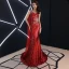 Sexy Rot Abendkleider 2019 Meerjungfrau One-Shoulder Pailletten Strass Kristall Ärmellos Rückenfreies Sweep / Pinsel Zug Festliche Kleider
