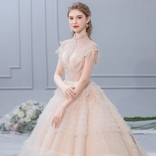 Luxury / Gorgeous Champagne Wedding Dresses 2019 A-Line / Princess High Neck Beading Crystal Pearl Sequins Short Sleeve Backless Royal Train