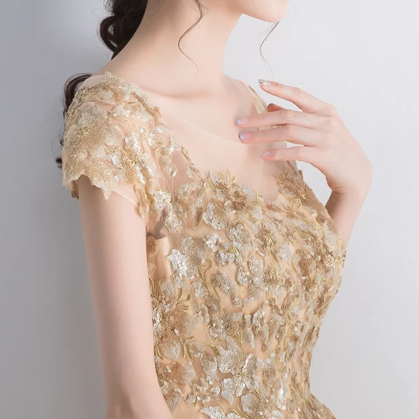 Chic / Beautiful Champagne Homecoming Graduation Dresses 2018 A-Line / Princess Sequins Lace Flower Scoop Neck Short Sleeve Knee-Length Formal Dresses