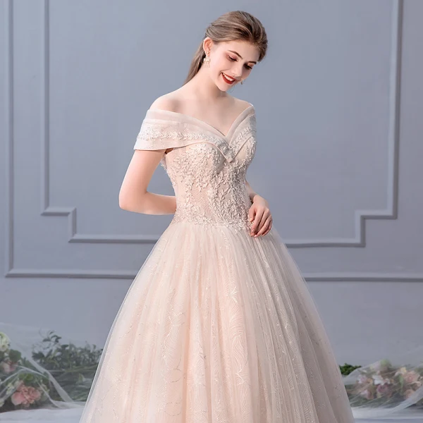 Elegant Champagne Wedding Dresses 2019 Ball Gown Off-The-Shoulder Beading Pearl Sequins Appliques Lace Flower Short Sleeve Backless Floor-Length / Long