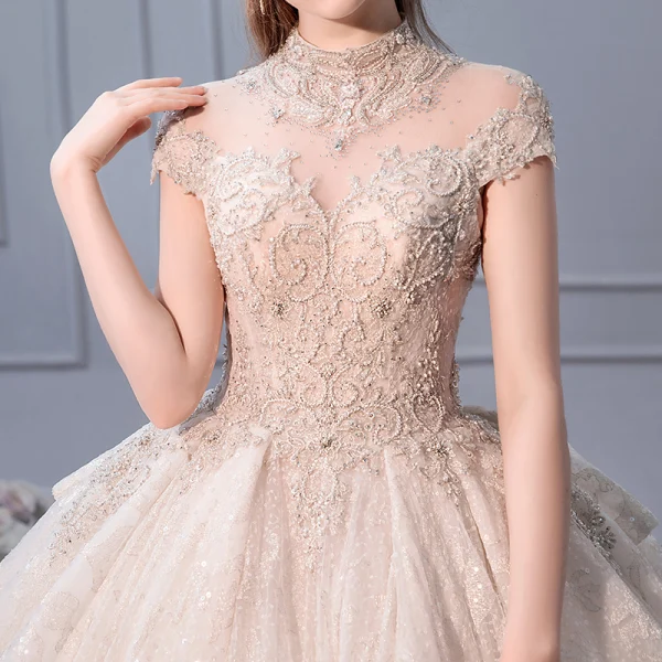 Luxury / Gorgeous Champagne Wedding Dresses 2019 Ball Gown Scoop Neck Beading Pearl Sequins Lace Flower Cap Sleeves Backless Royal Train Cascading Ruffles