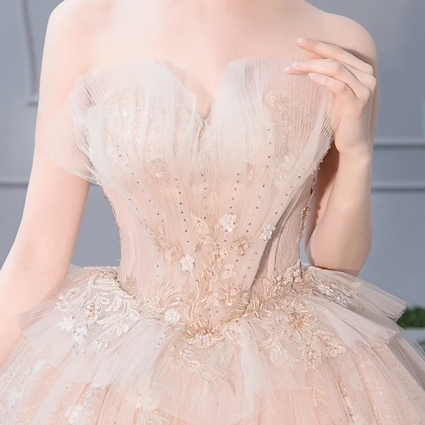 Luxury / Gorgeous Champagne Wedding Dresses 2019 Ball Gown Strapless Rhinestone Pearl Lace Flower Sequins Sleeveless Backless Royal Train