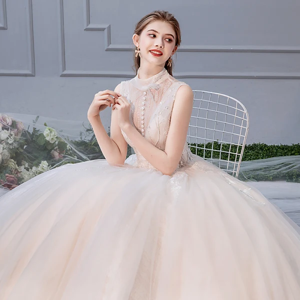 Chic / Beautiful Champagne Wedding Dresses 2019 Ball Gown High Neck Beading Sequins Lace Flower Sleeveless Backless Pearl Floor-Length / Long