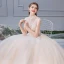 Chic / Beautiful Champagne Wedding Dresses 2019 Ball Gown High Neck Beading Sequins Lace Flower Sleeveless Backless Pearl Floor-Length / Long