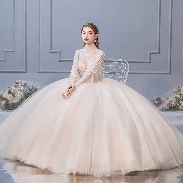 Elegante Champagner Brautkleider / Hochzeitskleider 2019 Ballkleid Stehkragen Perlenstickerei Pailletten Spitze Blumen Lange Ärmel Rückenfreies Lange