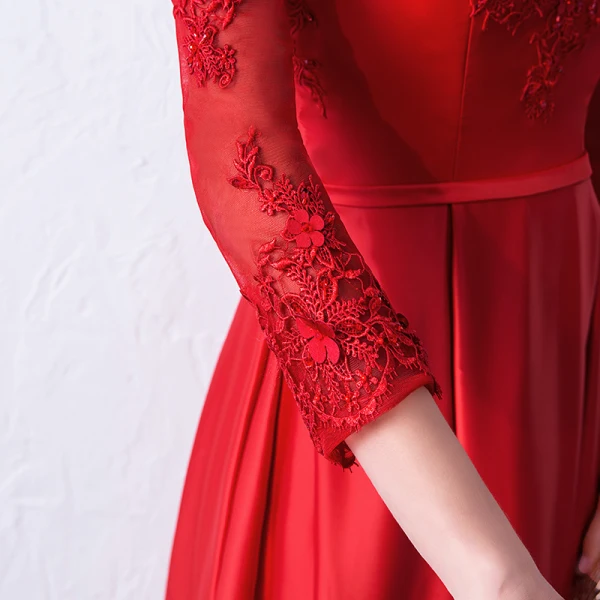 Chic / Beautiful Red Evening Dresses 2019 A-Line / Princess Scoop Neck Appliques Beading Lace Flower 3/4 Sleeve Backless Floor-Length / Long Formal Dresses
