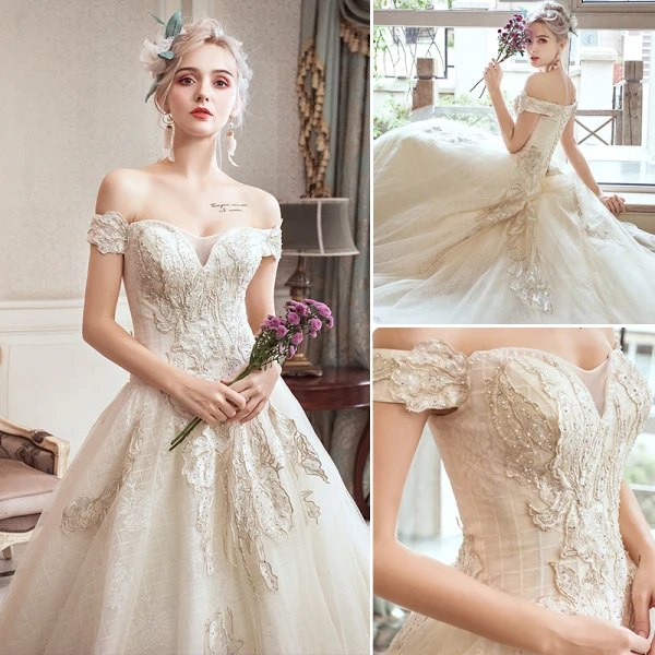 Schöne Champagner Brautkleider / Hochzeitskleider 2019 A Linie Off Shoulder Perlenstickerei Strass Spitze Blumen Kurze Ärmel Rückenfreies Königliche Schleppe