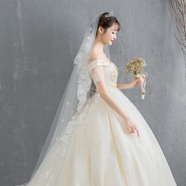 Elegant Champagne Wedding Dresses 2019 Ball Gown Off-The-Shoulder Appliques Lace Flower Short Sleeve Backless Chapel Train