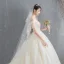 Elegant Champagne Wedding Dresses 2019 Ball Gown Off-The-Shoulder Appliques Lace Flower Short Sleeve Backless Chapel Train
