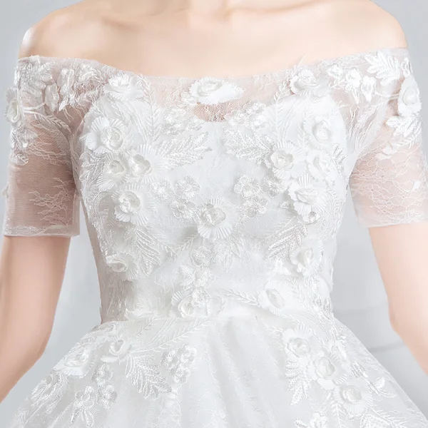 Elegant Ivory Pregnant Wedding Dresses 2019 Empire Off-The-Shoulder Sequins Appliques Lace Flower Short Sleeve Chapel Train