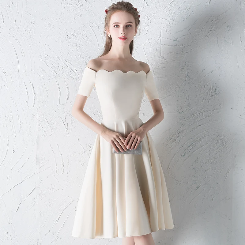 Modest Simple Champagne Homecoming Graduation Dresses 2018 A Line Princess  Off The Shoulder Backless Sleeveless Knee Length Formal Dresses