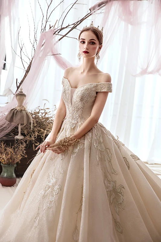 Elegant Champagne Wedding Dresses 2019 Ball Gown Off-The-Shoulder Beading Lace Flower Sequins Short Sleeve Backless Cathedral Train