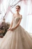 Elegant Champagne Wedding Dresses 2019 Ball Gown Off-The-Shoulder Beading Lace Flower Sequins Short Sleeve Backless Cathedral Train