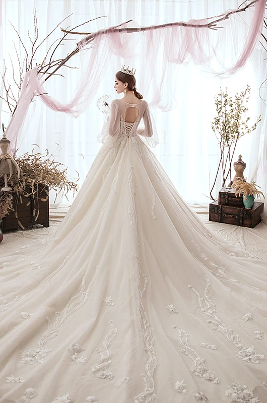 Luxury / Gorgeous Champagne Wedding Dresses 2019 A-Line / Princess Scoop Neck Beading Lace Flower 3/4 Sleeve Backless Cathedral Train