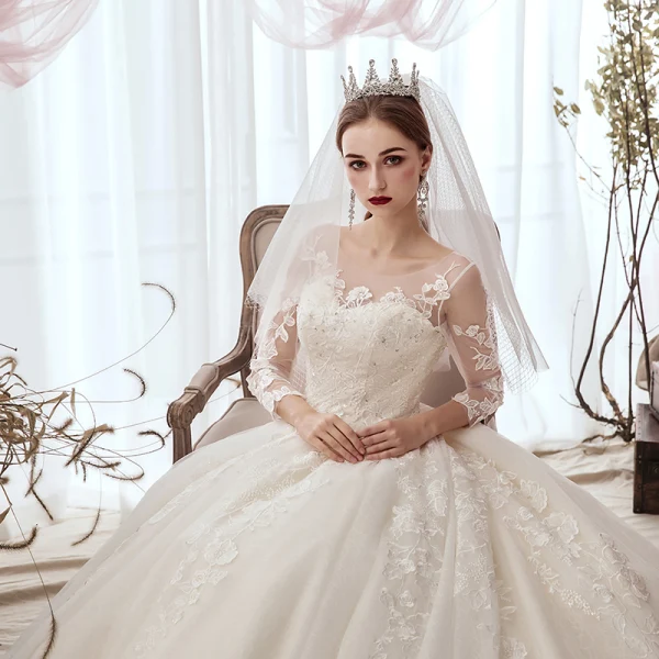 Luxury / Gorgeous Champagne Wedding Dresses 2019 A-Line / Princess Scoop Neck Sequins Lace Flower 3/4 Sleeve Backless Cathedral Train