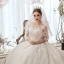 Luxury / Gorgeous Champagne Wedding Dresses 2019 A-Line / Princess Scoop Neck Sequins Lace Flower 3/4 Sleeve Backless Cathedral Train