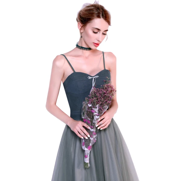 Chic / Belle Bleu D'encre Robe De Soirée 2019 Princesse Bretelles Spaghetti Noeud Sans Manches Dos Nu Thé Longueur Robe De Ceremonie