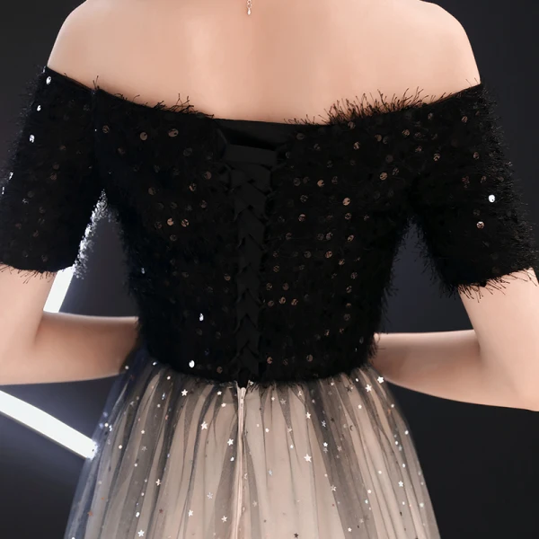 Élégant Noire Robe De Soirée 2019 Princesse De l'épaule Gland Paillettes Manches Courtes Dos Nu Longue Robe De Ceremonie